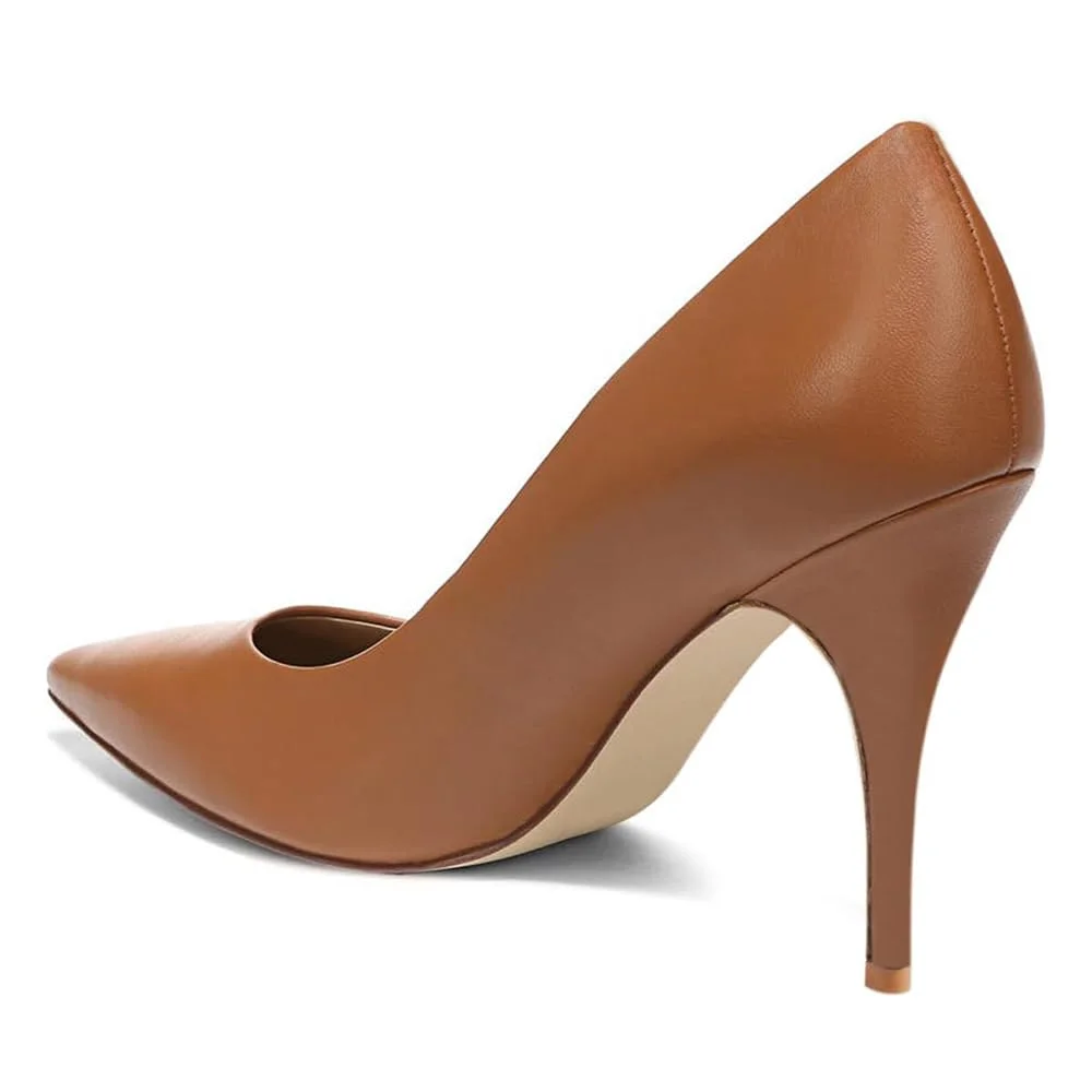 YDN Brown Vegan Leather Pointed Toe Pumps Heels for Business