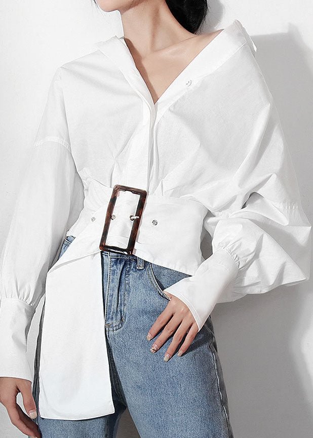 fashion White lantern sleeve Sashes Peter Pan Collar Shirts CK1585- Fabulory