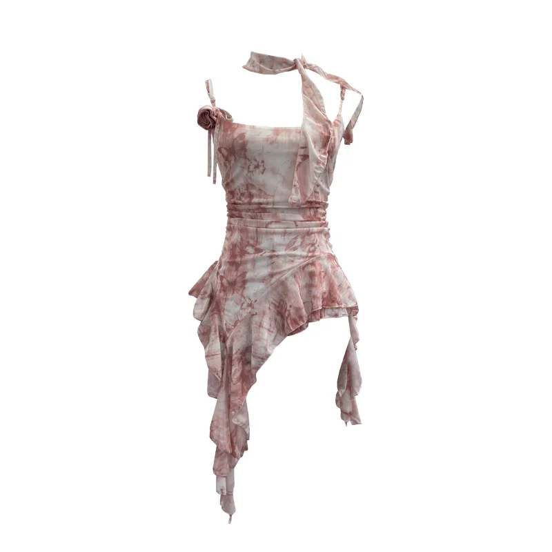 Uveng Real Shooting Retro Tie-Dye-Print Mesh Sling Sling Sling Vest Irregular Lotus Leaf Edge Ribbon Sleeveless Top 1185