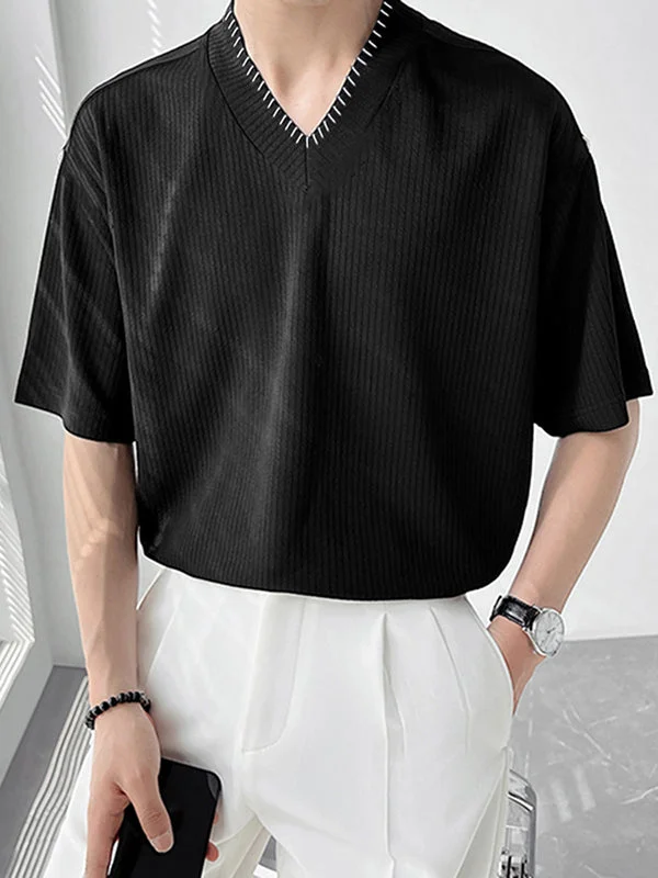 Aonga - Mens Ribbed Knit V-Neck Short Sleeve T-Shirt