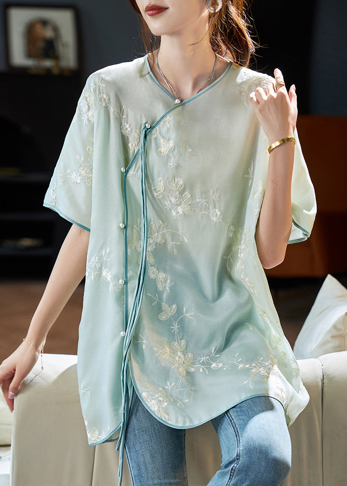 VCSHOES Blue Embroidered Tassel Patchwork Chiffon Shirt Short Sleeve