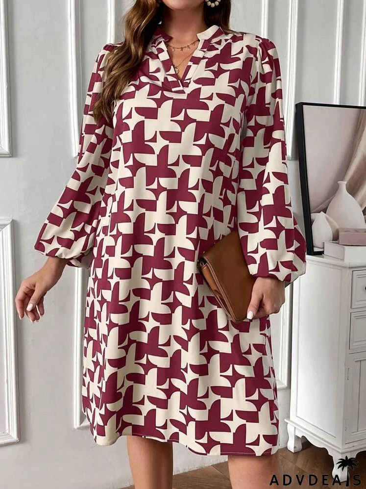 Plus Size Women Casual Elegant All Over Print Lantern Sleeve Loose Dress, Autumn
