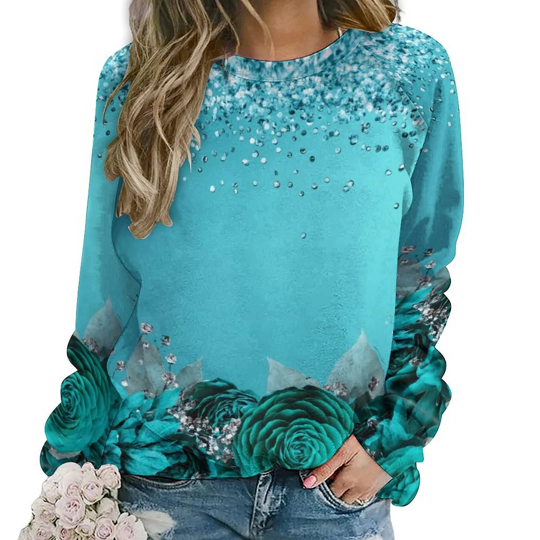 Printed Long Sleeve Casual Sweatshirt for  Women and Men Unisex Pattern Turquoise, Floral, Rose