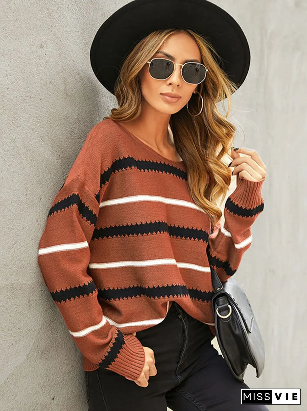 Stripe Print Drop Shoulder Long Sleeve Loose Sweater