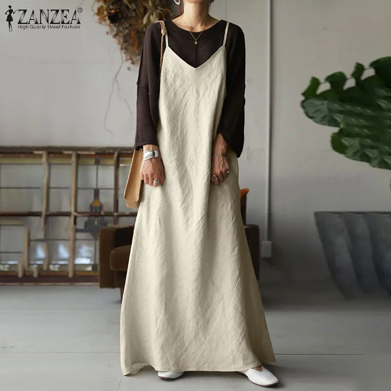 Summer Elegant V Neck Spaghetti Strap Sundress ZANZEA Fashion Women Dress Solid Overalls Vestidos Kaftan Long Slip Dress Femme