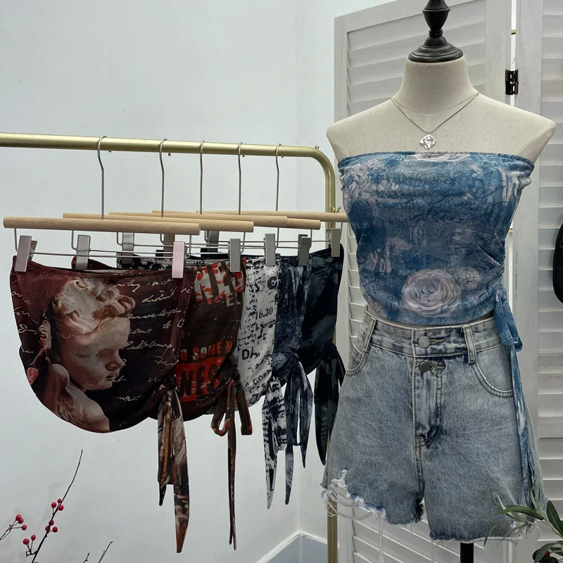 Brownm Explosion Recommended Y2k Hottie Braid Small Sling Belt With Chest Mat Tie Mesh Yarn Tidly Wrapped Bra T-Shirt 1391