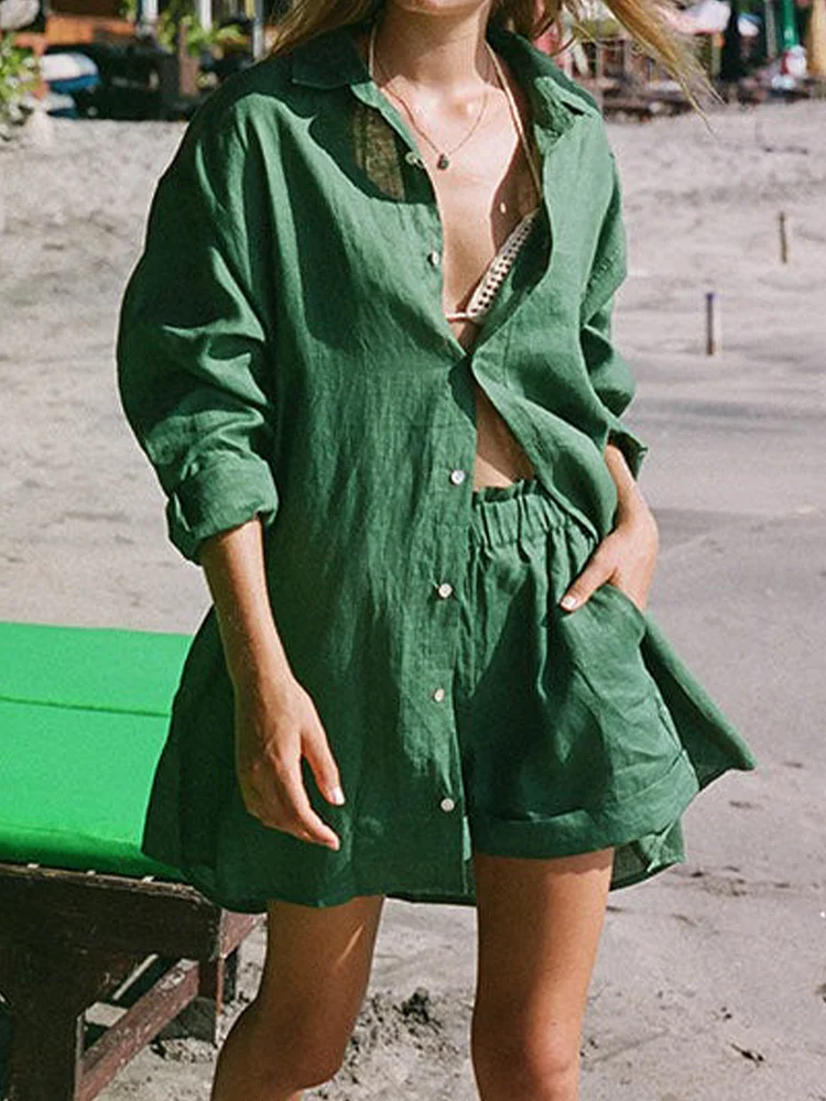 Retro Green Casual Two-piece Set