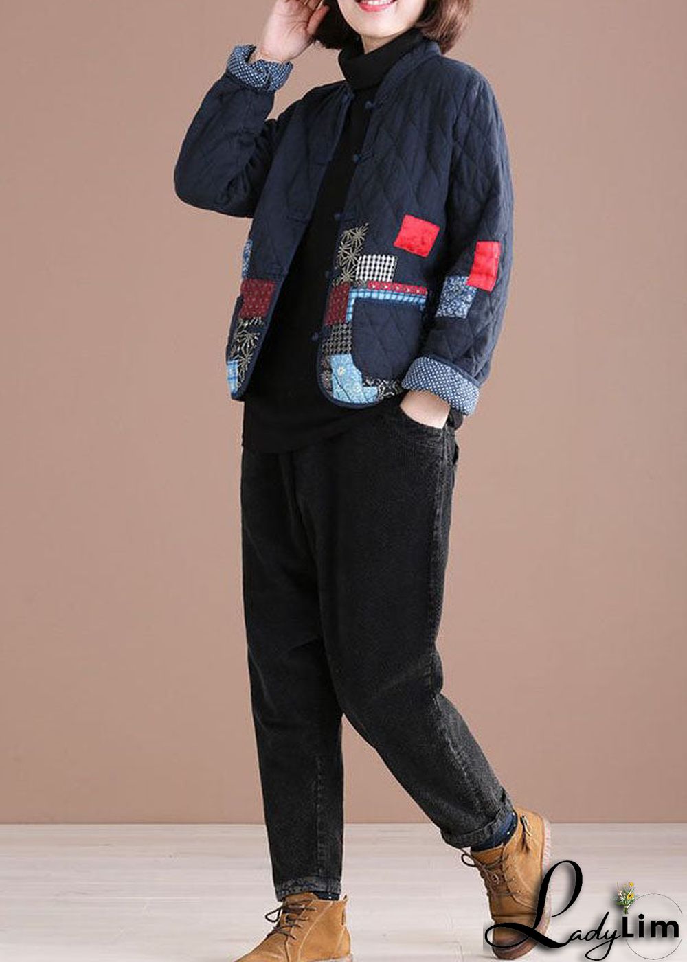 Retro Blue Oriental Patchwork Applique Fine Cotton Filled Jackets Winter