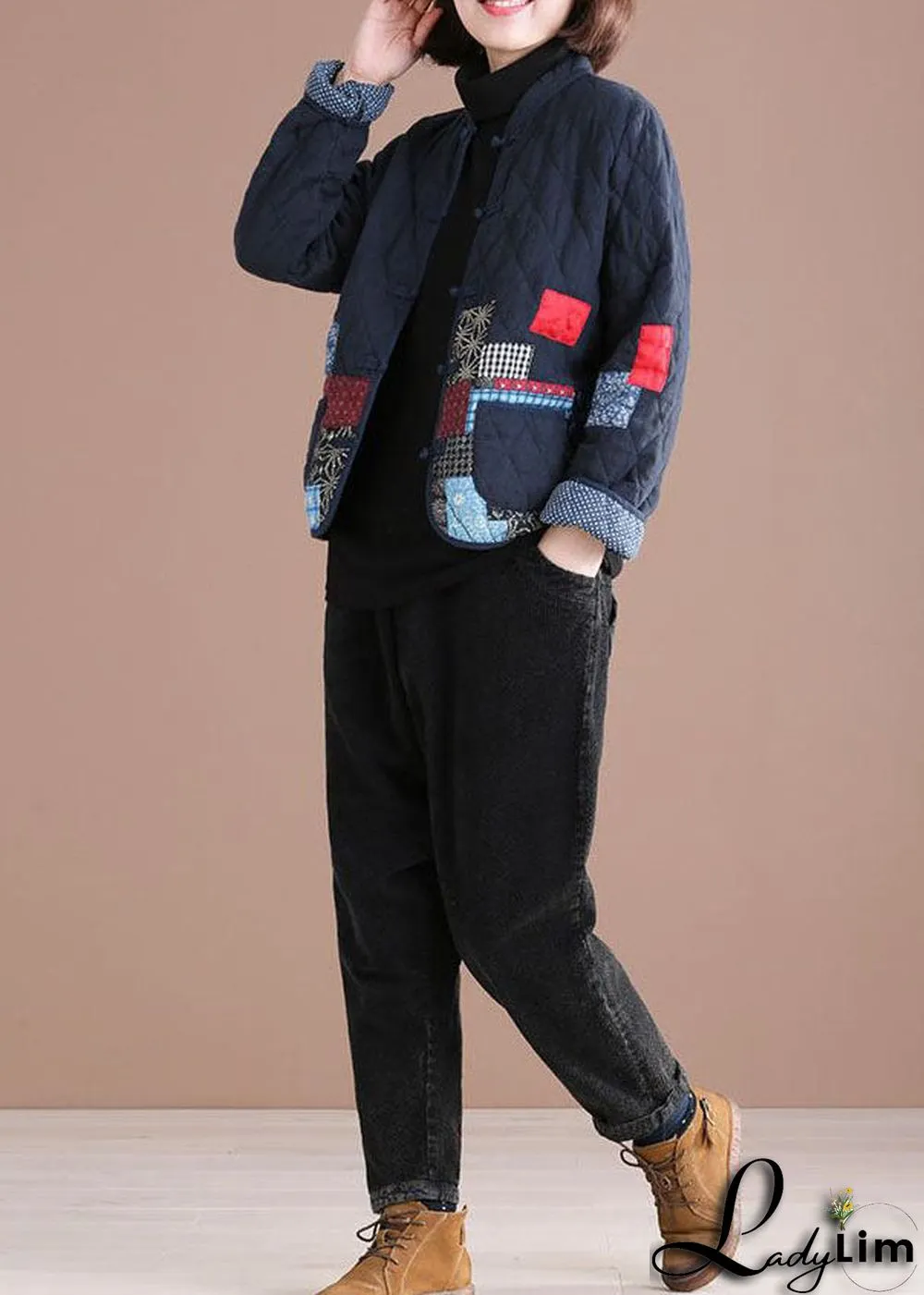 Retro Blue Oriental Patchwork Applique Fine Cotton Filled Jackets Winter