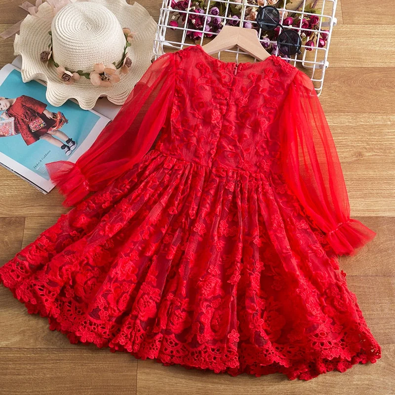 Red White Girls Dresses Long Sleeve Baby Girls Winter Dresses Kids Cotton Lace Clothing Casual Dresses for 2-8 Years Children