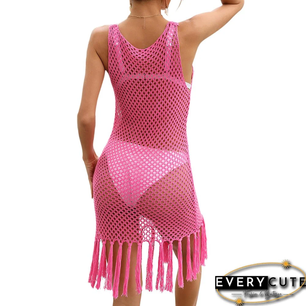 Rose Tassel Knitted Hollw-out Sleeveless Beach Cover
