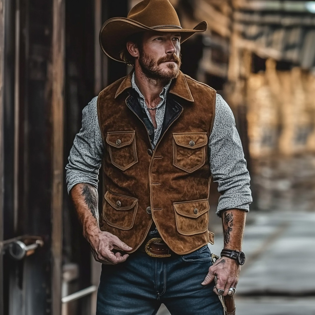 Vintage Suede Multi-Pocket Outdoor Motorcycle Lapel Vest Jacket