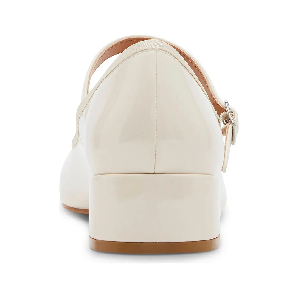 Patent Leather Block Low Heel Buckle Ivory Women Mary Jane Shoes