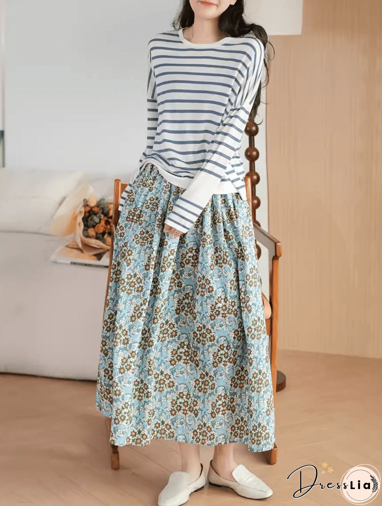 Gold Flower Printed Summer Linen Skirt
