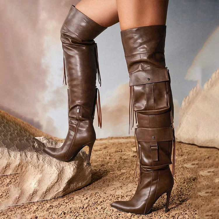 Pointed Toe Stiletto Fringe Pocket Thigh High Boots in Brown