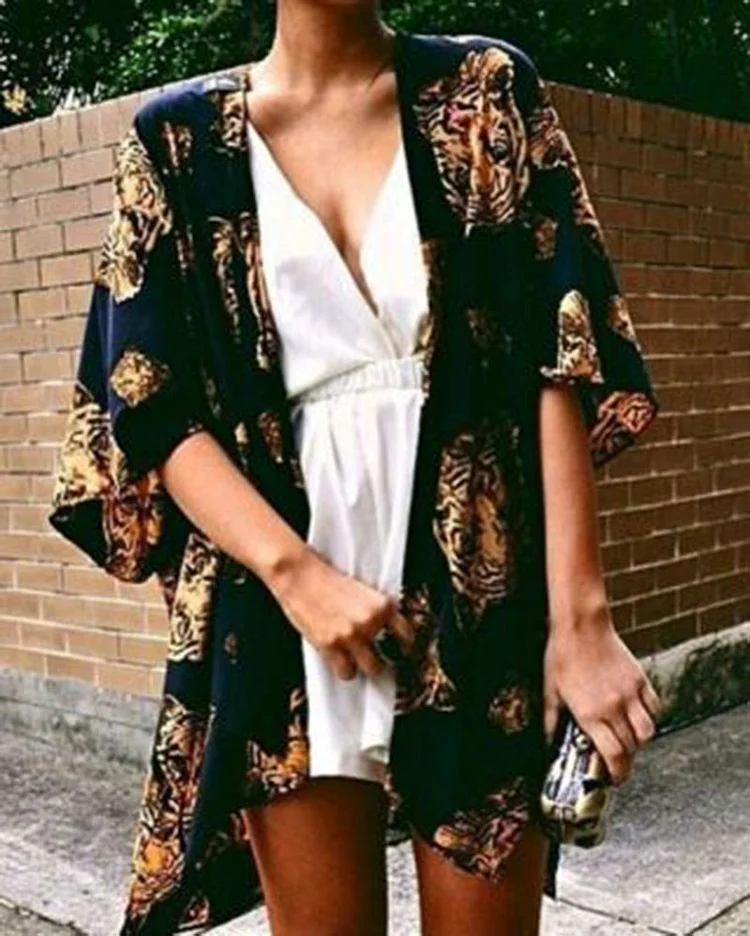 Printed Velvet Half Sleeve Kimono