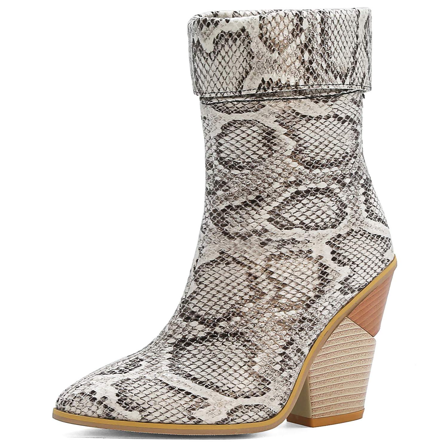 TAAFO Black Snakeskin Pointed Ankle Boots High Heels Boots Shoes