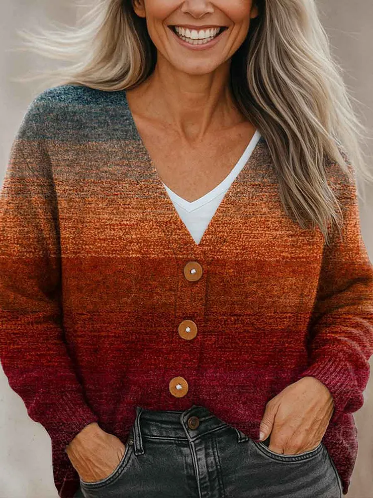 Autumn Gradient Striped Print Buttoned V-neck Cardigan Sweater