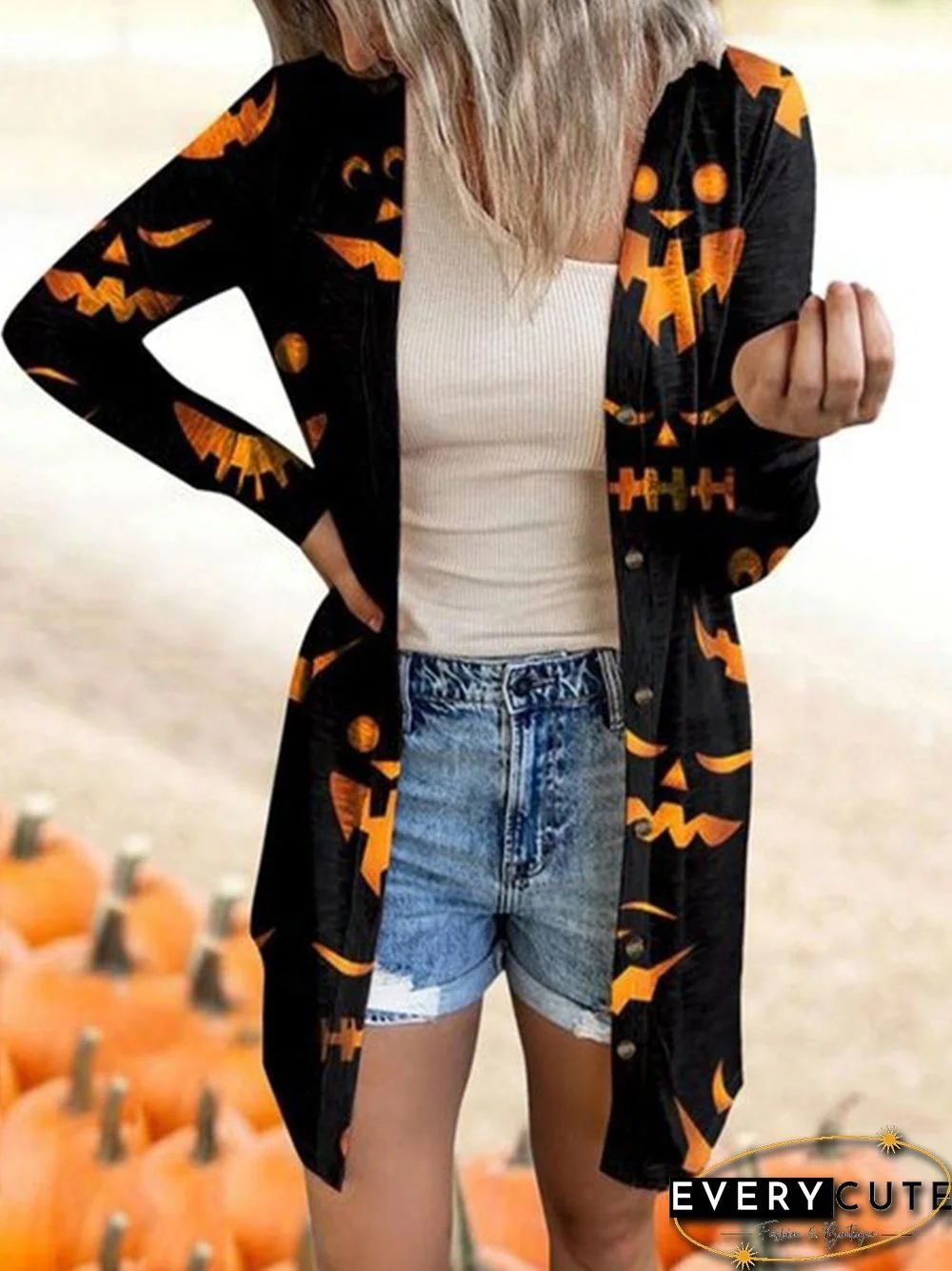 Halloween Printed Long Sleeve Plus Size Casual Cardigan