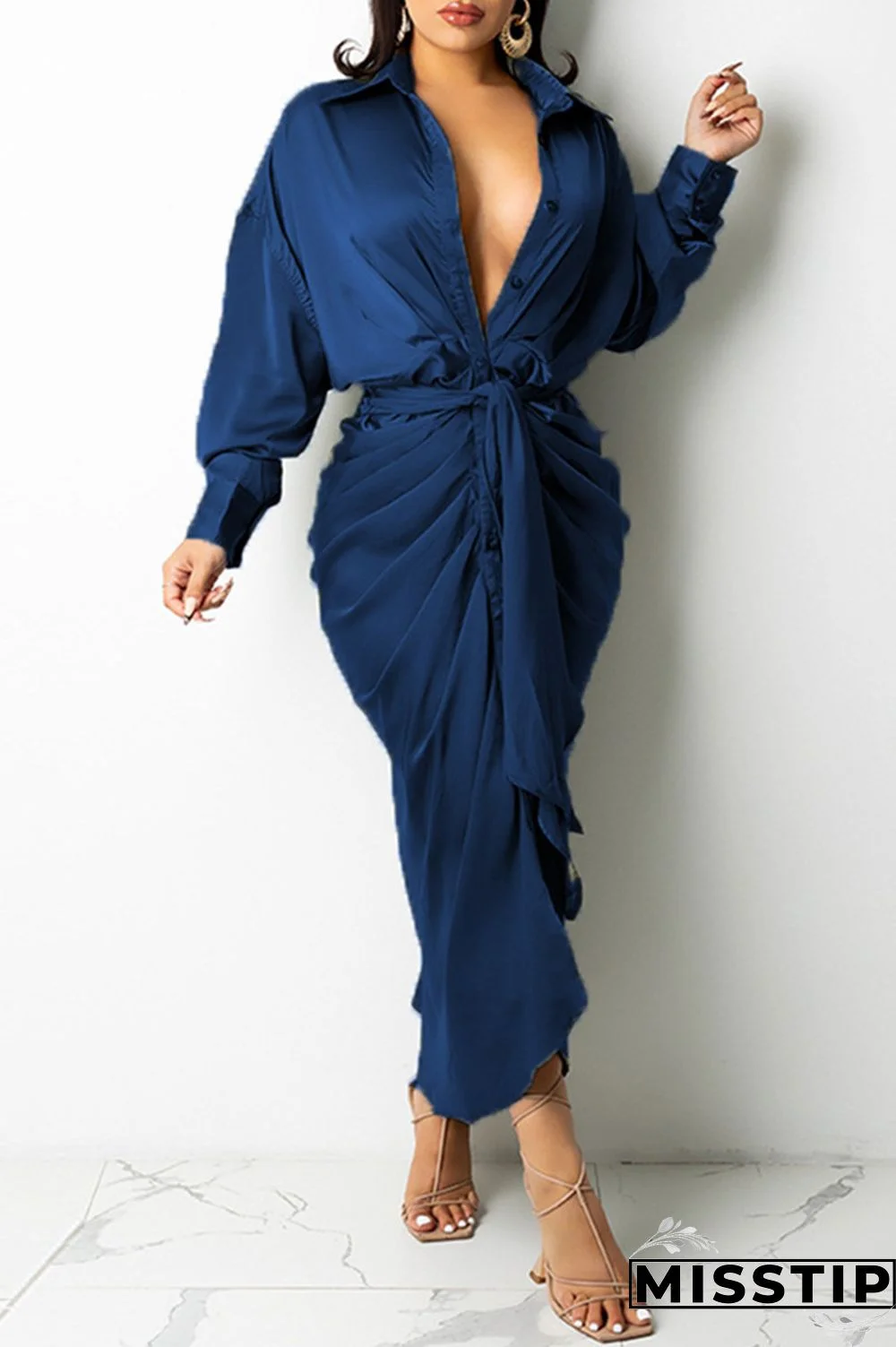 Blue Fashion Casual Solid Bandage Turndown Collar Long Sleeve Dresses