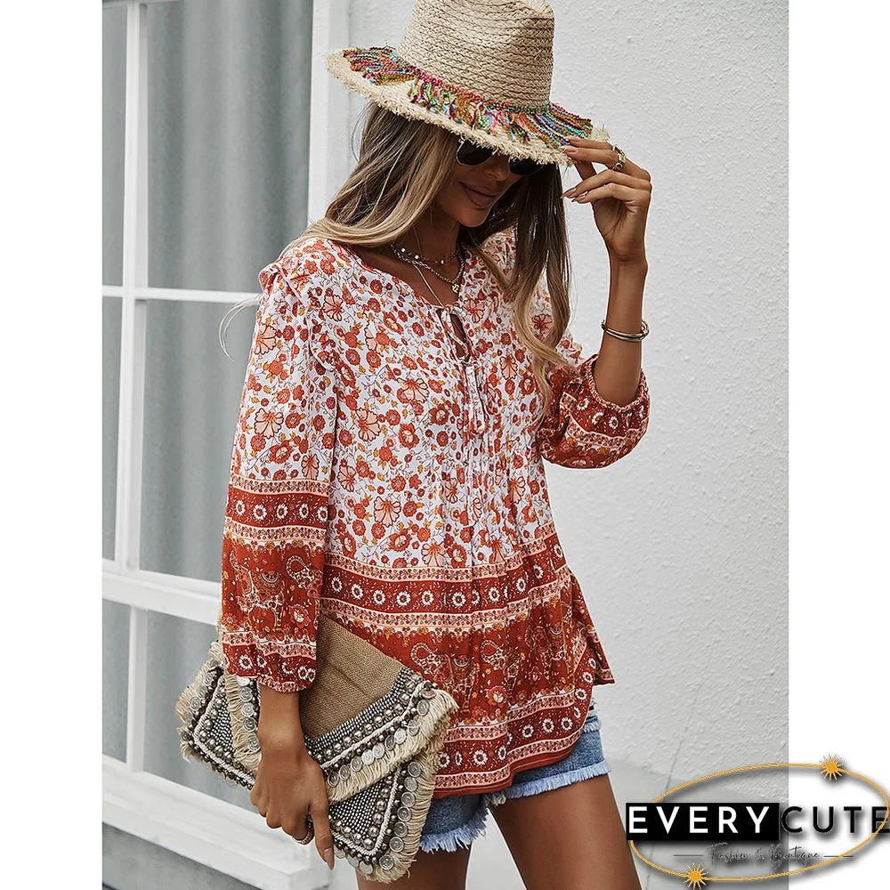 Red Bohemia Style Lace-up Long Sleeve Tops