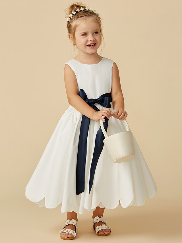 Bellasprom Sleeveless Jewel  A-Line Tea Length Flower Girl Dresses Taffeta With Sash Ribbon Pleats Bellasprom