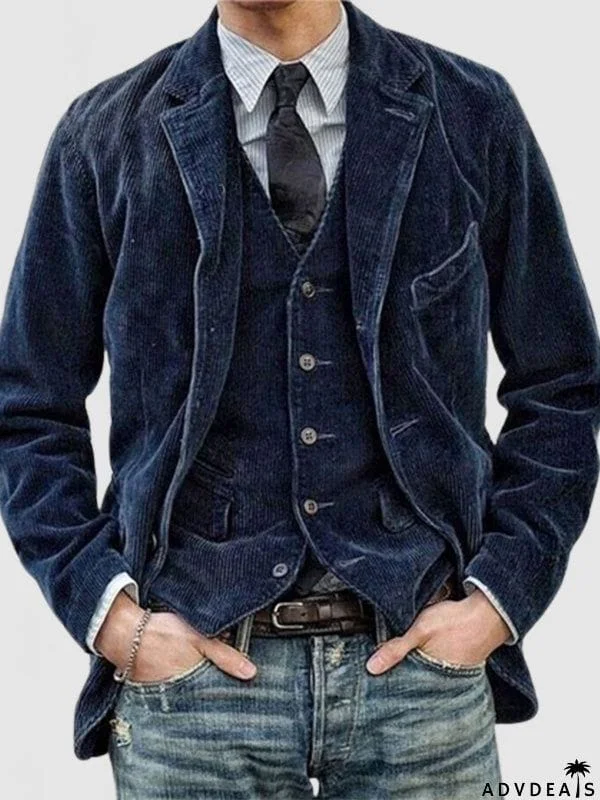 Men's Casual Slim Fit Lapel Collar Corduroy Blazer