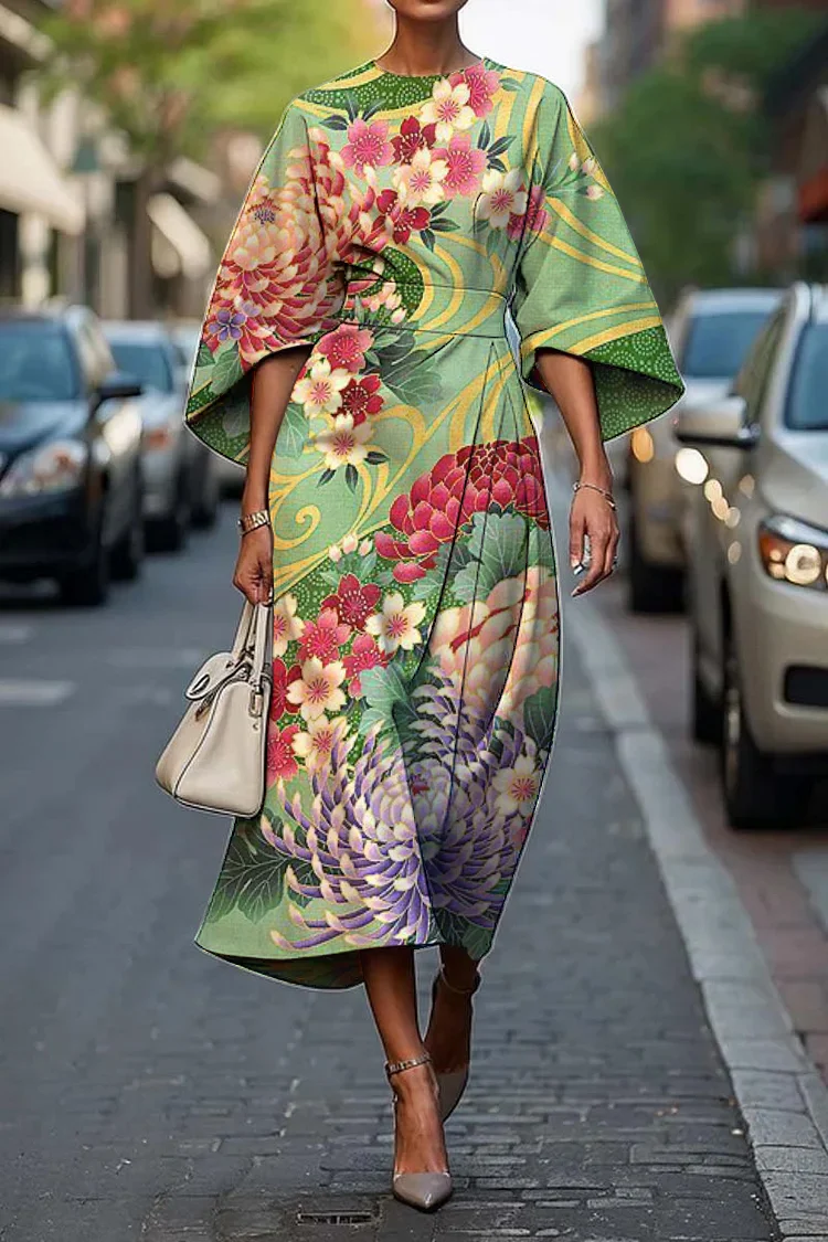 Women's Elegant Japanese Art Print Midi Dress