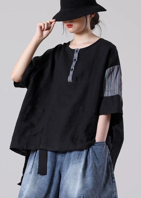 Casual Black Patchwork Cotton Linen Tops Summer