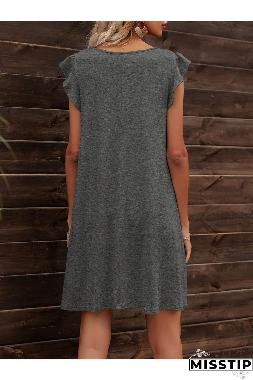 Round Neck Flutter Sleeve Dress with Pockets