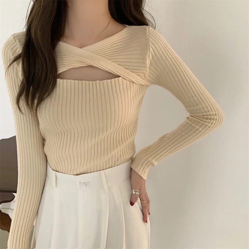 Uveng Uveng Slend Hollow Long-Sleeved Knitted Shirt Girl 2024 Spring And Autumn Careful Machine Slimming V Collar Hooded Apricot Color Coat