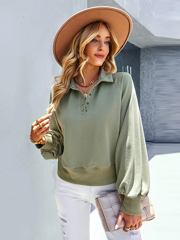 Simple Long Sleeves Loose Buttoned Solid Color Lapel Collar Hoodies&Sweatshirt Tops