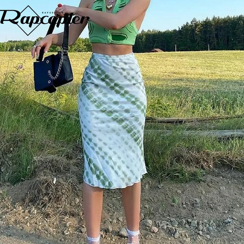 Rapcopter Tie Dye y2k Skirts Frill Long Mid-Calf Straight Skirts Women High Waist Cute Retro Party Outfits Holiday Bottom New