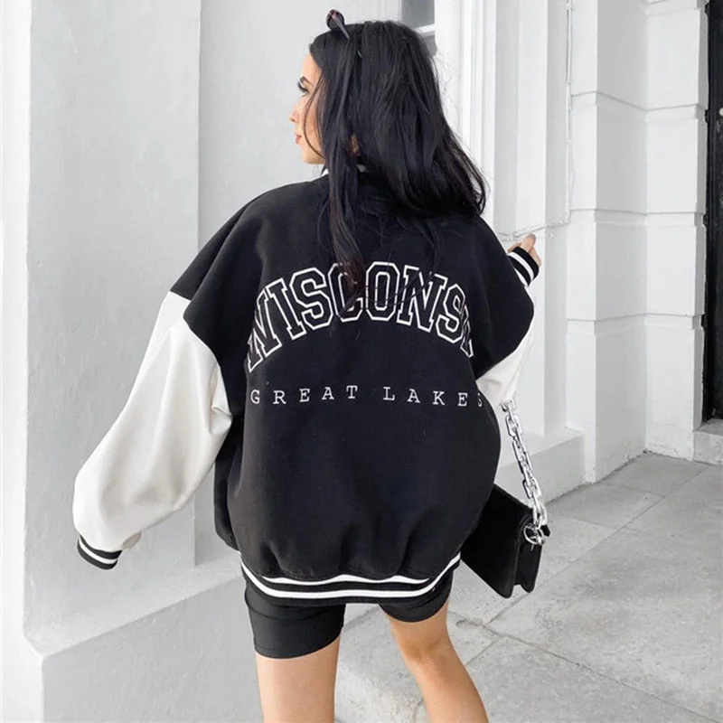 Letter Print Baseball Uniform Jacket Patchwork Long Sleeve Button Varsity Bomber Coat Cool Style Jackets For Women Clothing