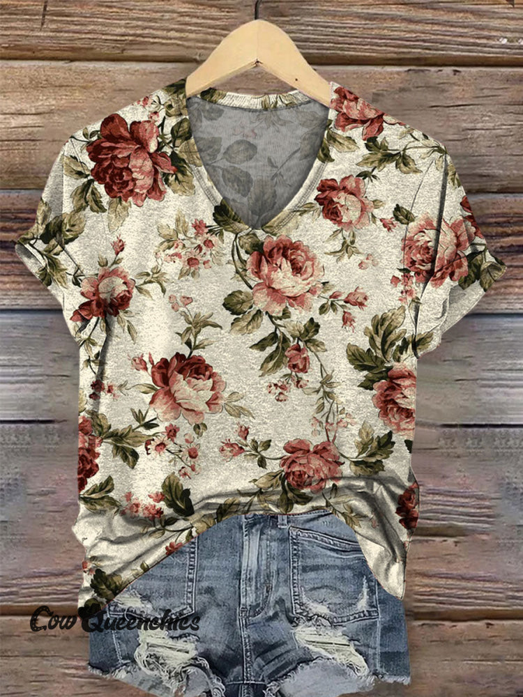 Vintage Rose Floral Print Casual T-shirt Multicolor / S