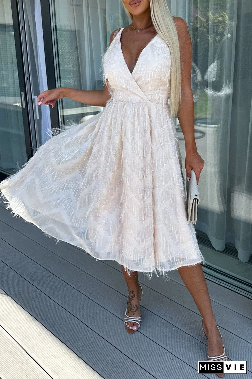 Sweet Elegant Solid Tassel Zipper V Neck Sling Dress Dresses