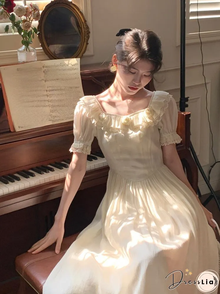 Joskka Rose Flower Elegant Vintage Dress Women Ruffles Lace Fairy Sweet Long Dress Female Bubble Sleeve Princess Designer Dress