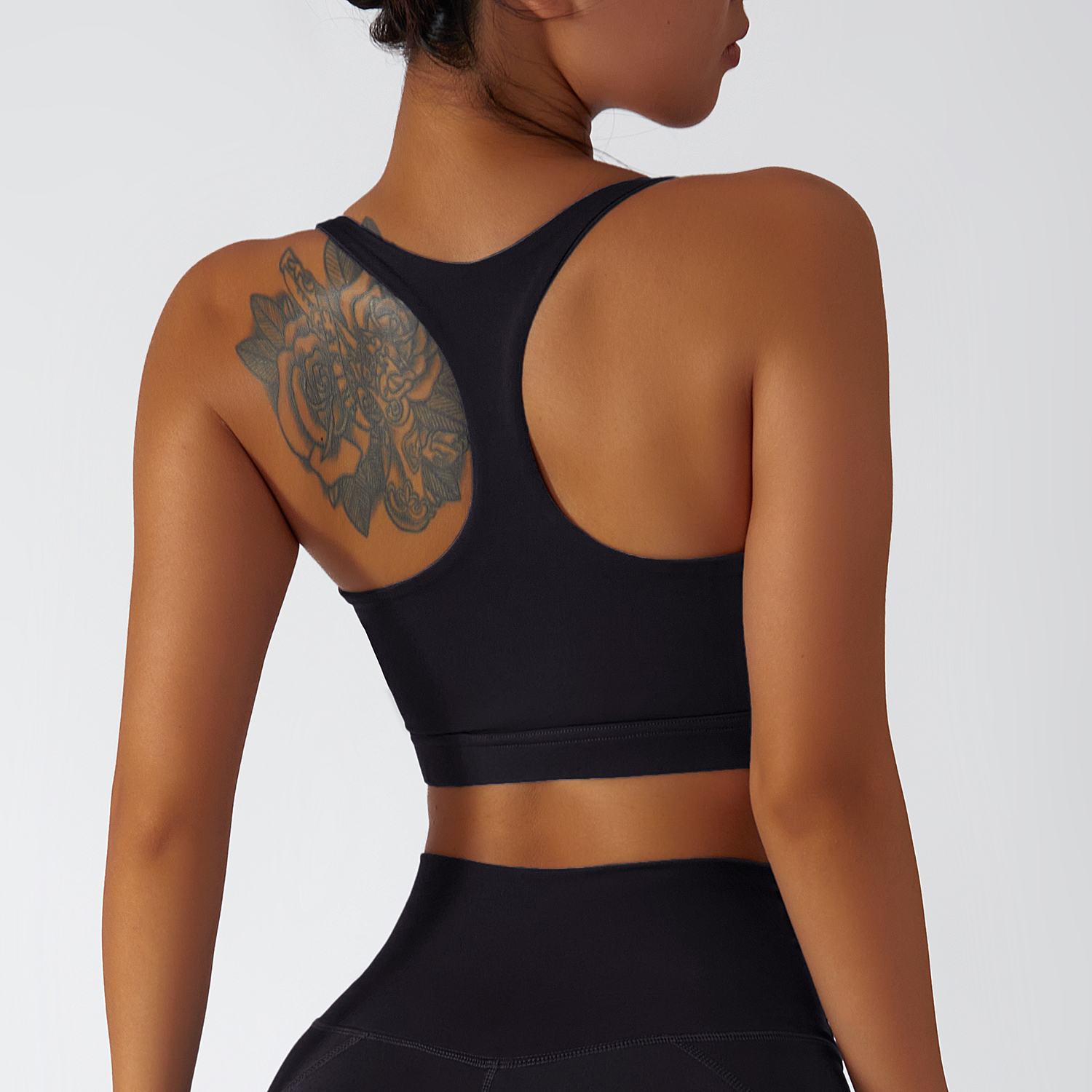 Buy Black sustainable recycled 4 way stretch ethically made naked feel high support racerback running sports bra with removable of high quality on Hergymclothing