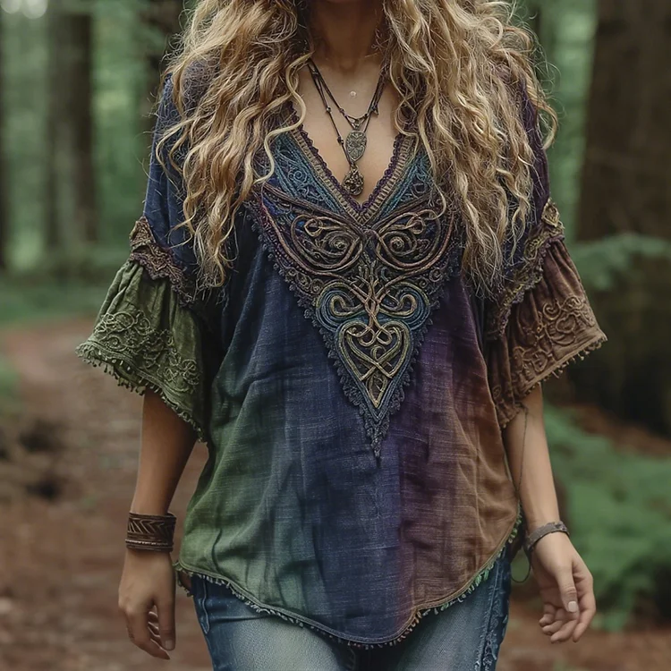 Women's Retro Viking Celtic Knot Gradient Art Linen T-shirt