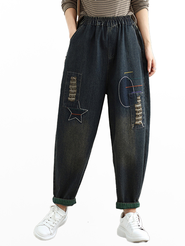 High Waist Hole Embroidered Jeans