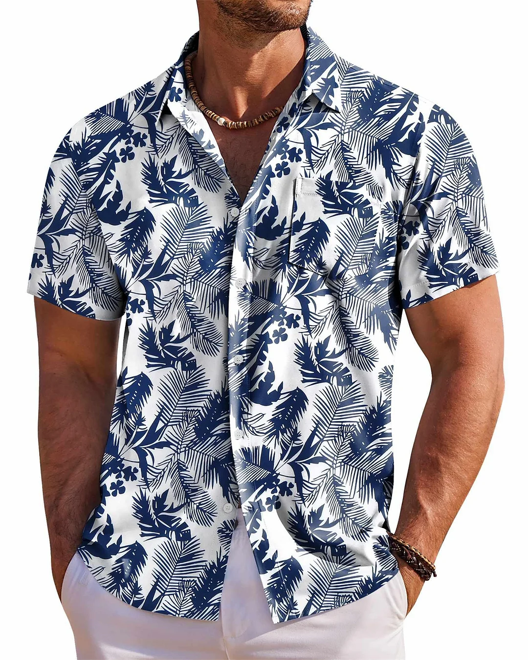 Men's Palm Tree Floral Hawaiian Tropical Print Casual Pocket Short Sleeve Shirt  1392