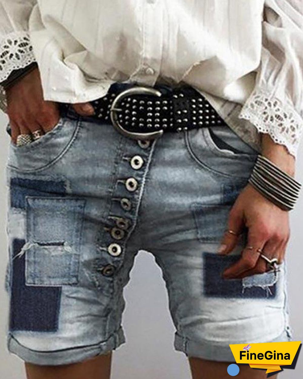 Patch Paneled Buttoned Folds Casual Short Jeans
