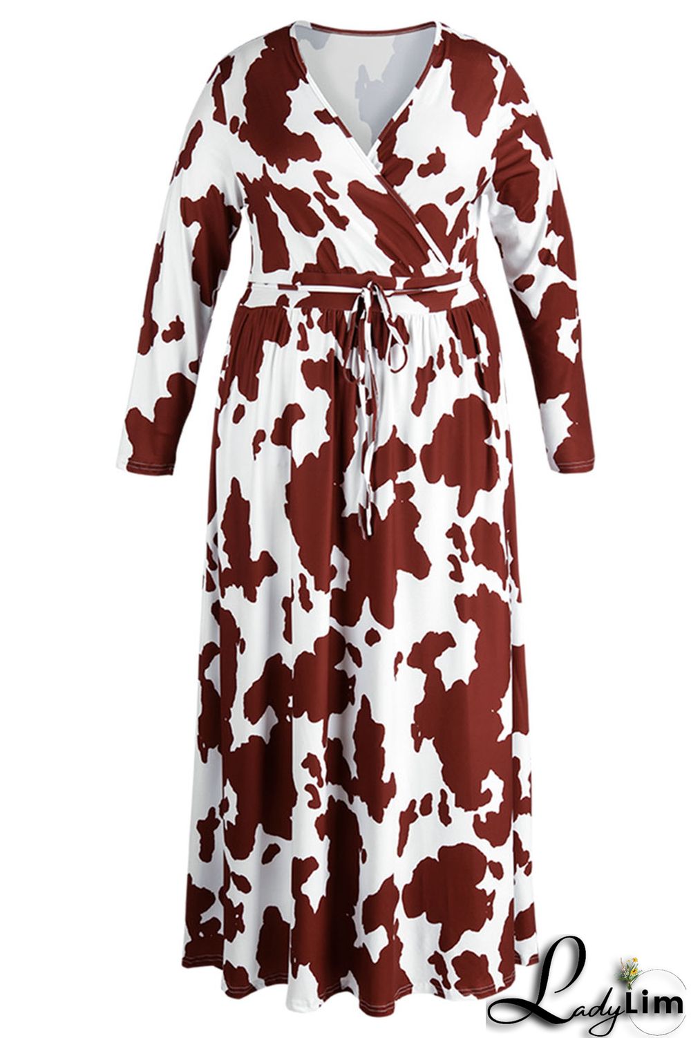 Burgundy Casual Print Bandage Patchwork V Neck Straight Plus Size Dresses