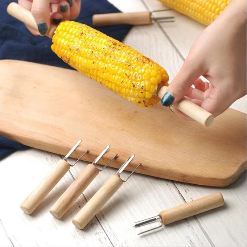 BBQ Corn Forks Food Forks Corn Roast Needle Corn Plug Barbecue Beef Sausage Fruit Wood Handle Fork