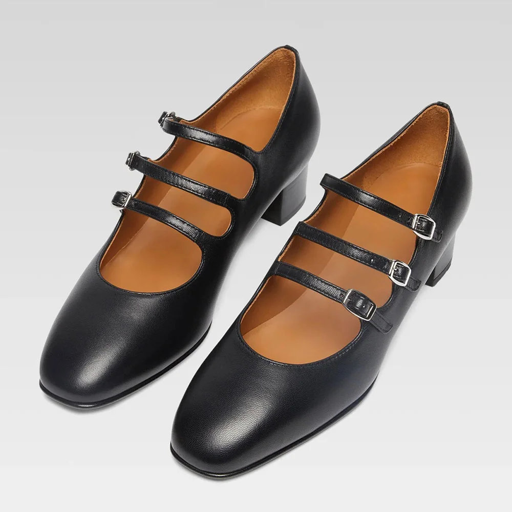 Black Vegan Leather Square Toe Low Heel Women Mary Jane Shoes