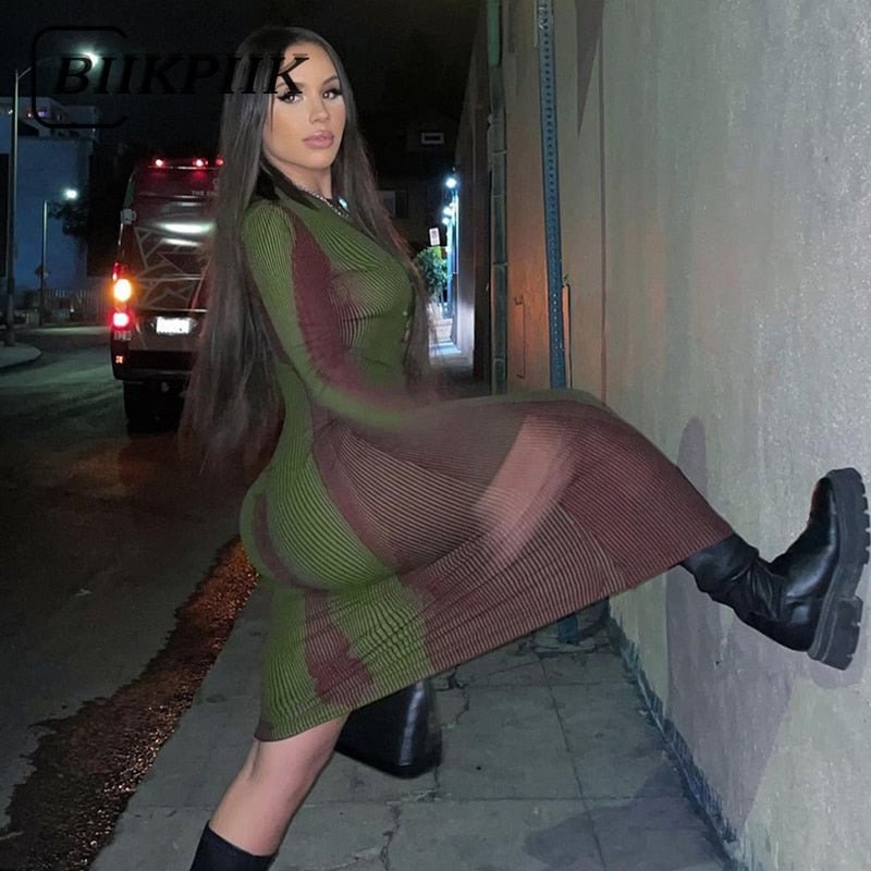BIIKPIIK Fashion Winter Autumn Women's Clothes Long Sleeve Dress Elegant Bodycon Slim Color Contrast Printed Transparent Dresses