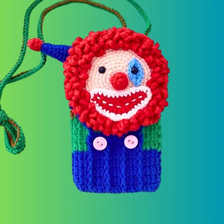 Lulusnow Handmade Blue Cute Clown Drawing Crochet Phone Bag