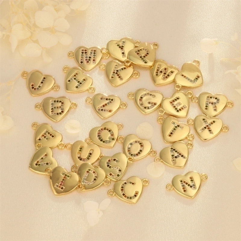 Romantic Minimalist Letter Heart Shape Copper Plating Inlay Zircon 18k Gold Plated Charms