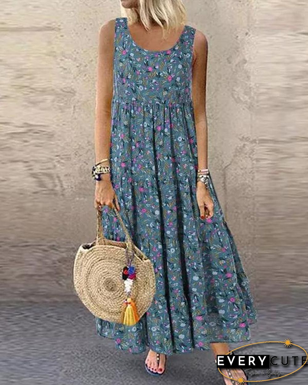 Retro Floral Cotton Maxi Dress