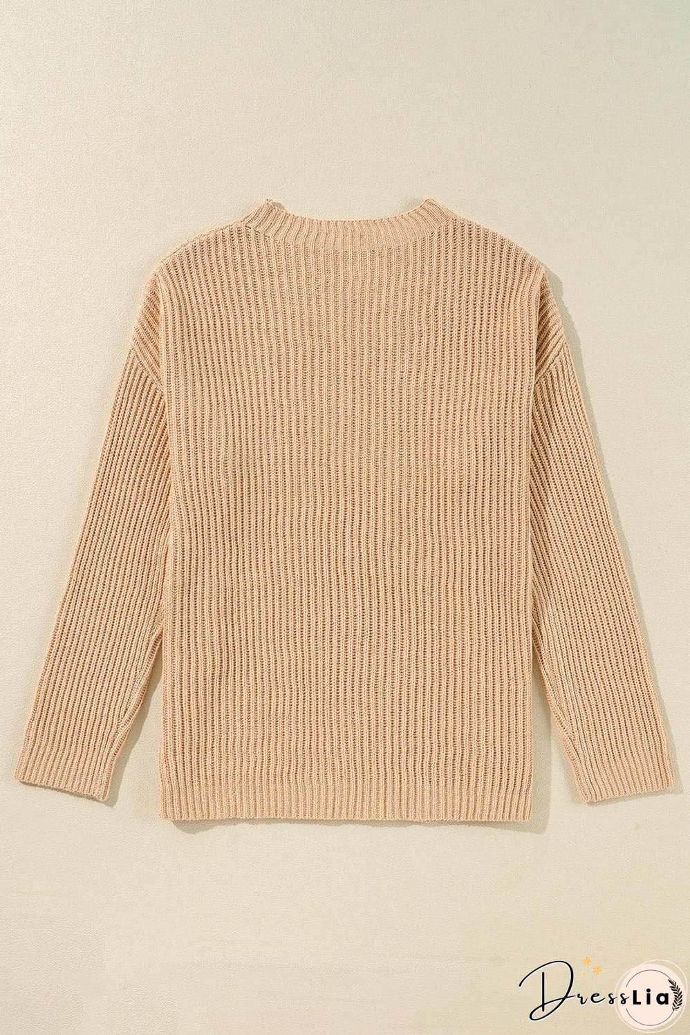 Apricot Cable Knit Drop Shoulder Side Slits Loose Sweater